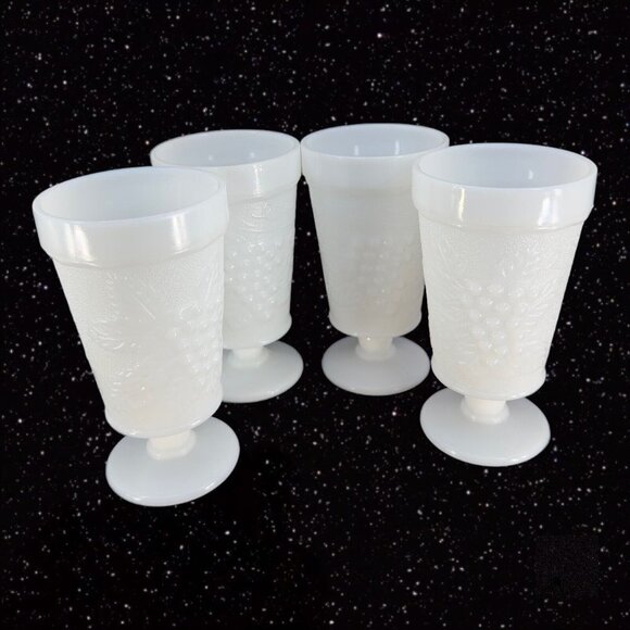 Anchor Hocking White Milk Glass Footed Tumbler Goblet Grape Vine Vintage Set 4 - Picture 12 of 12